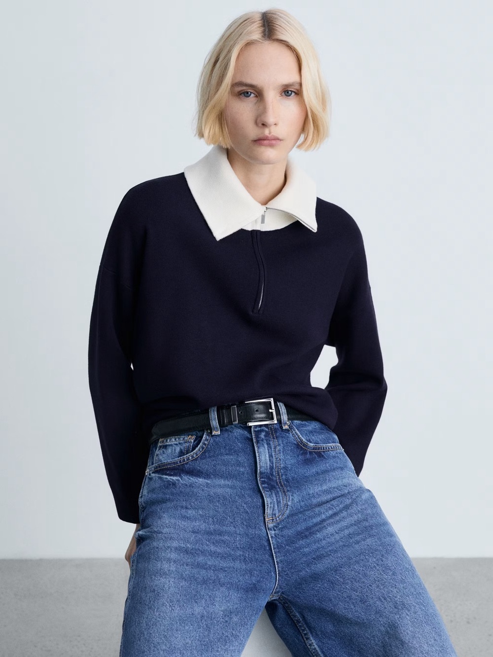Mango Navy Knitted Sweater with White Collar | Size M